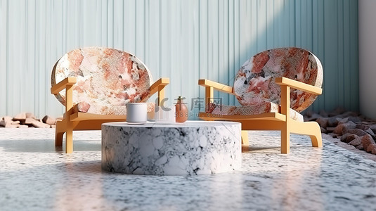 宁静的水磨石大理石椅子和桌子的 3D 插图促进放松和健康
