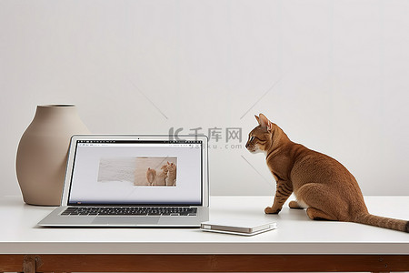 动物桌面猫背景图片_白色桌面，上面有一台笔记本电脑