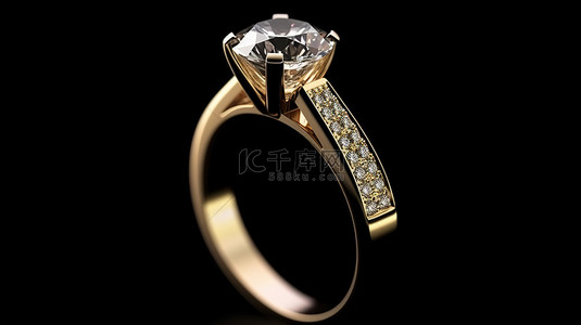 黑色表面上镶满钻石的金戒指的 3D 渲染