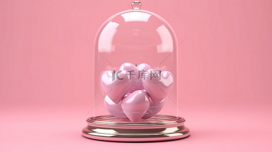 爱心包裹背景图片_粉红色背景下玻璃包裹的受保护心脏的 3D 渲染插图