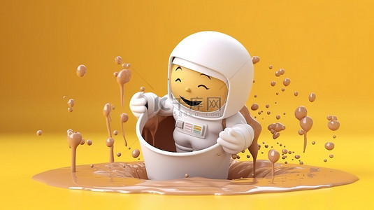 可爱的卡通宇航员孩子在柔和的黄色 3d 渲染