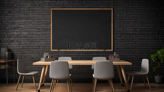 带砖墙的会议室，配有空黑板桌椅 3D 渲染