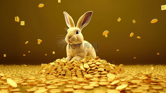 兔年元宵节背景背景图片_用于促销目的的金兔和中国货币 3d 渲染