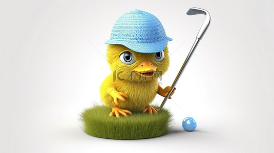 高尔夫卡通背景图片_白色 3D 渲染中的小高尔夫球小鸡