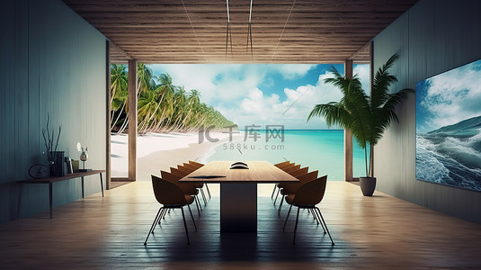 沙灘椅背景图片_令人惊叹的热带海滩风格会议室通过 3D 渲染变得栩栩如生