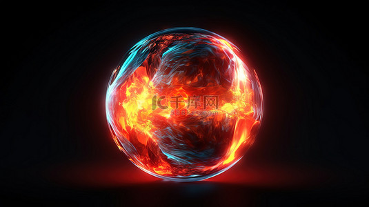 火红的核心与黑色背景上宁静的蓝色球体 3D 抽象插图相对应