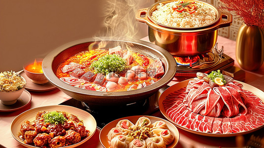 火锅鱼菜背景图片_餐桌丰盛的火锅配料设计