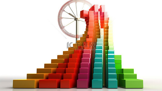 商业图表上朝向目标的白色梯子和上升箭头的 3D 插图