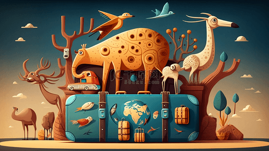 旅游行李箱背景图片_旅游行李箱动物卡通背景
