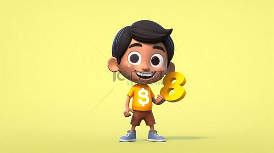 卡通儿童人物男孩背景图片_亚洲青少年卡通人物在 3d 中玩美元符号