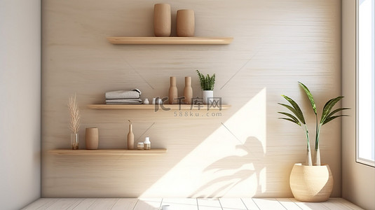 洗手间背景图片_极简主义木架洗手间内部场景，带 3D 渲染和插图