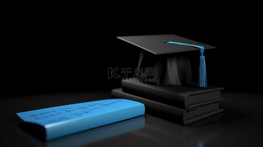 教育是最重要的 3d 渲染中蓝色条形图上的黑色毕业帽