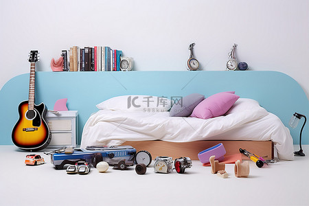 一张床，一些书和一些玩具，床上铺着一把吉他