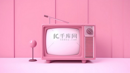 复古简约粉色和白色卡通电视，柔和的粉色背景，带有媒体连接横幅和复制空间 3D 渲染插图
