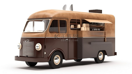 白色背景背景图片_白色背景中孤立的卡通风格的棕色咖啡卡车的 3d 插图