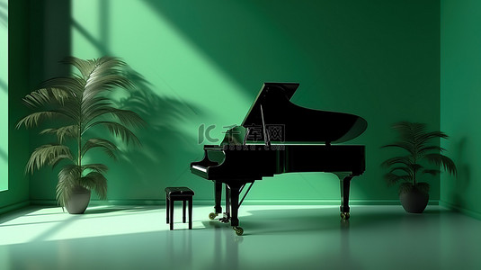 音符旋律背景图片_绿色单色景观中大钢琴的 3D 渲染，墙上有棕榈树阴影