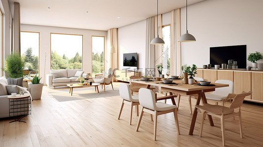 客厅毛坯房背景图片_1 斯堪的纳维亚农舍风格的木制客厅和餐桌的 3D 渲染插图