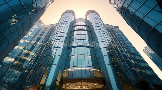 从低角度拍摄的企业办公楼未来派摩天大楼的 3D 渲染