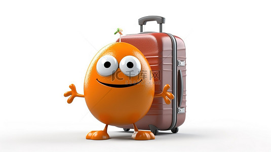白色背景上带有棕色鸡蛋和橙色旅行箱的人物吉祥物的 3D 渲染