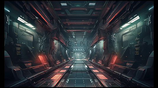 科幻插图太空飞船的宽敞走廊，3D 渲染中具有辐射绿色和红色霓虹灯发光背景
