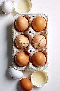 盒装鸡蛋背景图片_白色表面上鸡蛋中间的鸡蛋和酸奶油盘