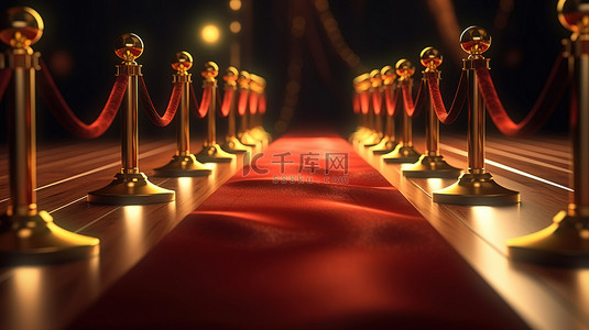 红地毯盛宴电影之夜的 3D 插图，以聚光灯金色屏障天鹅绒绳索和狗仔队为特色