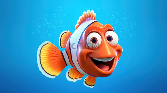 水鱼卡通背景图片_蓝色背景下卡通红海小丑鱼的 3D 渲染