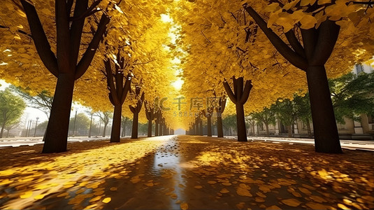 秋天的光芒 金色绿树成荫的公园小巷的数字 3D 插图，有阳光照射的树叶和落叶