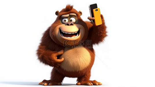 有趣的 3D 大猩猩，手里拿着手机