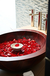 龙头水柱背景图片_上面有玫瑰花瓣的浴室水槽