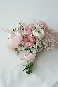 蕾丝婚礼中的粉色白色新娘花束