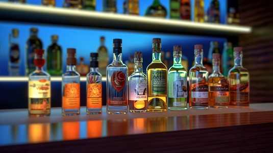 3D 渲染的酒吧环境中展示的各种饮料容器