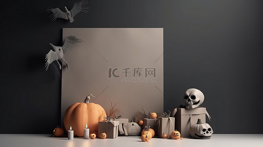 万圣节主题空横幅，以杰克灯笼蝙蝠鬼头骨和 3D 渲染礼品盒为特色