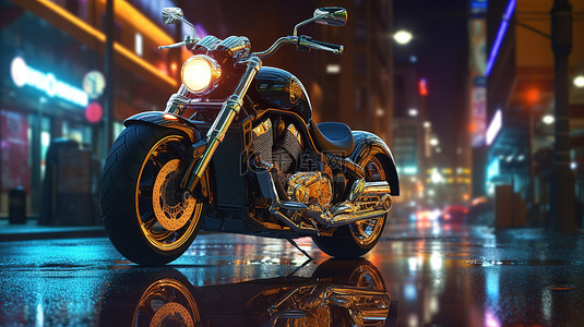 城市之夜摩托车照亮街道 3D 渲染和插图