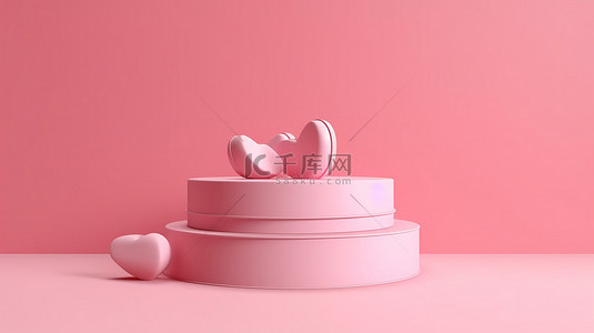 粉红色讲台底座的 3D 渲染，粉红色背景上带有爱情主题礼品盒