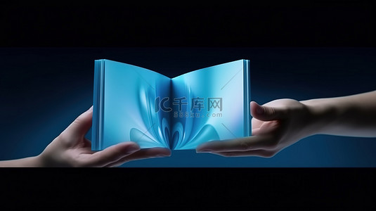 蓝手持有三折设计的小册子的 3D 渲染