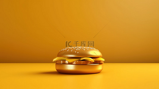 闪闪发光的背景上呈现的金色光滑 3D 芝士汉堡