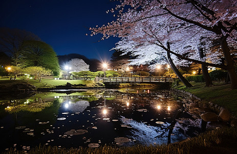 池塘背景图片_花园公园池塘和樱花