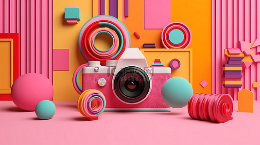 粉红色背景的 3D 渲染，装饰有孟菲斯图案和充满活力的老式相机