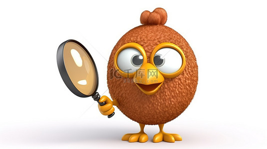 白色背景上带有放大镜的棕色鸡蛋人的 3D 渲染吉祥物