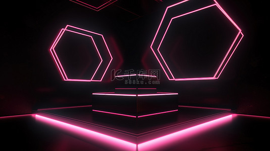 黑色空间的 3D 渲染，具有三个具有六边形形状和循环粉红色霓虹灯的讲台