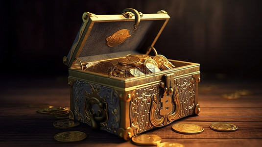 金币聚宝盆动图背景图片_包含中型加密货币硬币的宝箱的 3D 渲染
