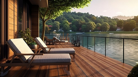 放松放松背景图片_在露台上放松身心，欣赏令人惊叹的湖景酒店 3D 渲染