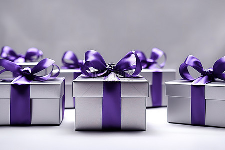 礼盒紫色背景图片_三个带有紫色蝴蝶结的银色礼盒