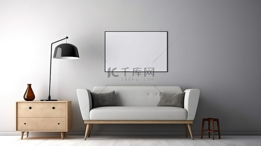 现代风格的房间配有餐边柜相框扶手椅和落地灯，采用 3D 渲染的简约设计