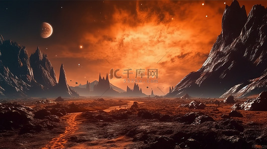 星球太空人背景图片_梦幻般的 3D 渲染宇航员降落在一个沐浴在恒星橙色光芒中的外星球上