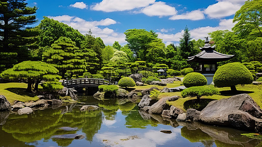 城堡城堡背景图片_日本花园 日本花园有石头和小池塘