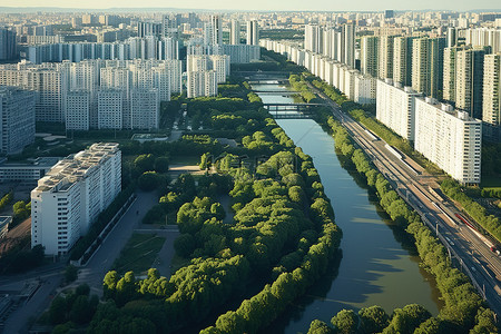 城市河流背景图片_一座拥有数十座高楼大厦的城市和一条绿树成荫的河流