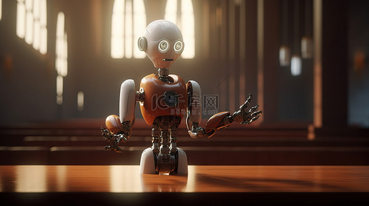 老师卡通背景图片_一个 3D 渲染的机器人，用麦克风作为公共演讲者进行演讲