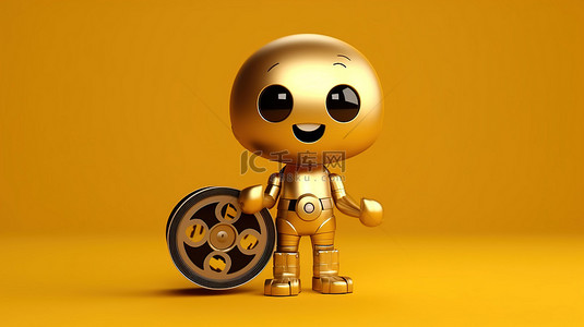 金奖获得者吉祥物在黄色背景上拿着电影卷轴的 3D 渲染